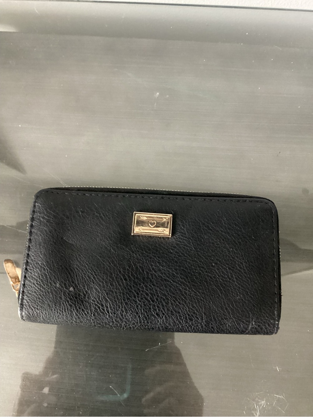 Black Zip Around Wallet with Gold Plaque
